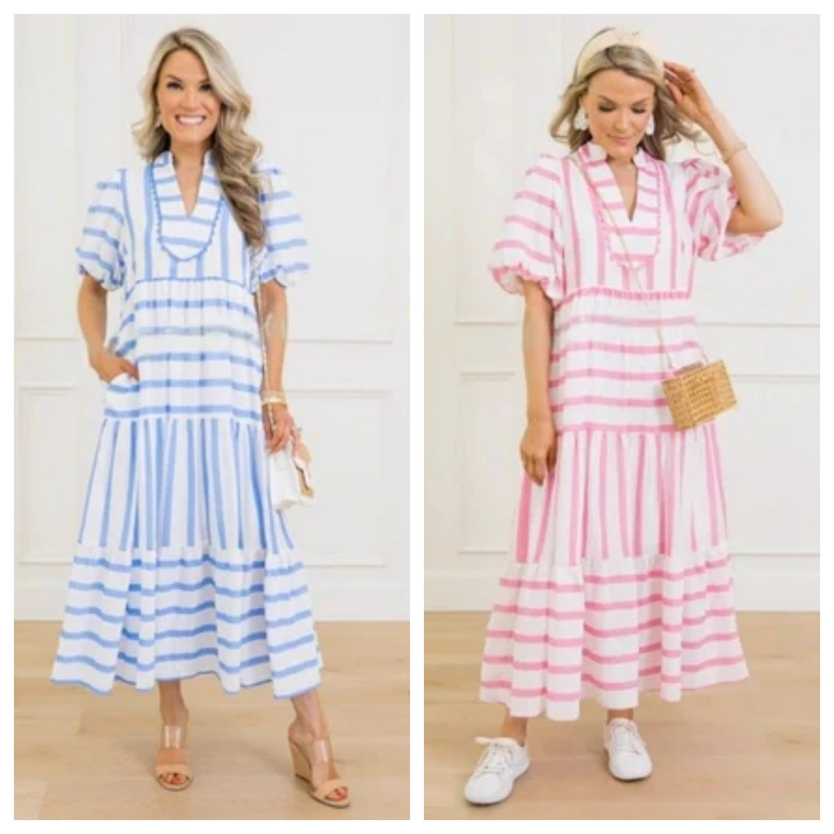 🌸Γυναικείο καλοκαιρινό ριγέ, φαρδύ, casual φόρεμα με κοντό μανίκι-GR