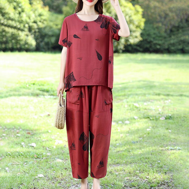 💞 Moteriškas raštuotas trumpų rankovių viršutinis komplektas ir plačios trumpintos kelnės-LT