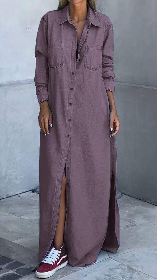 Denim obleka z dolgimi rokavi in reverji-SI