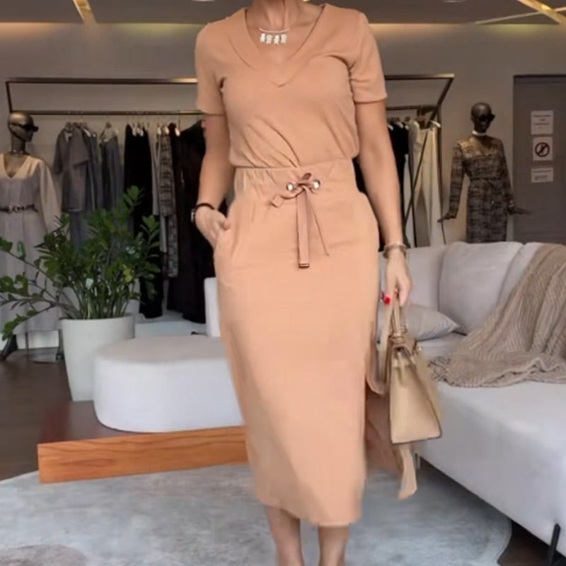 💥Puikūs moteriški marškinėliai V formos iškirpte su midi sijonu👗-LT