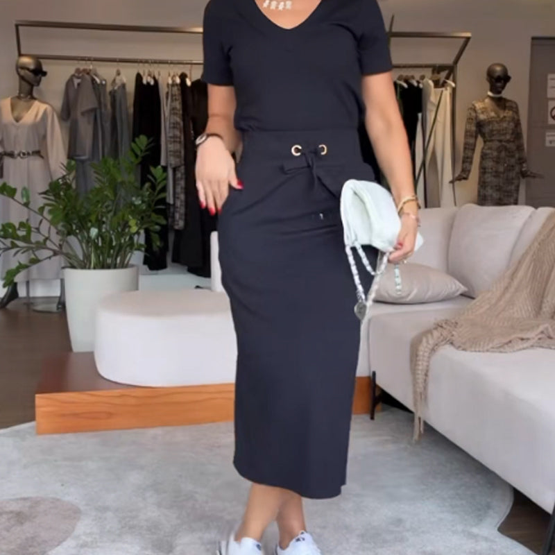 💥Puikūs moteriški marškinėliai V formos iškirpte su midi sijonu👗-LT