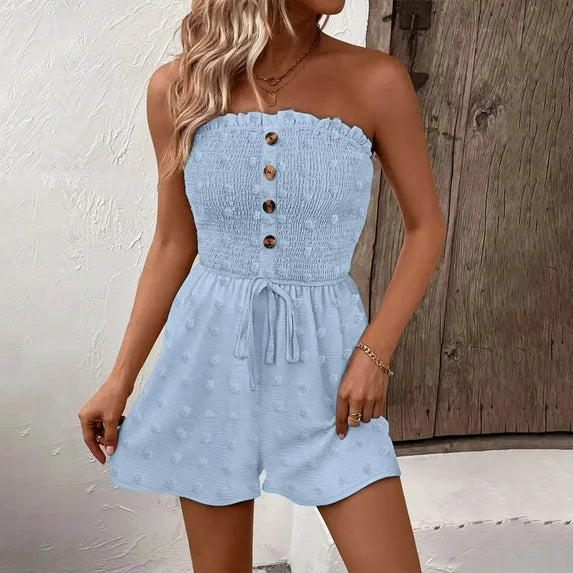 🔥👗Moteriškas kombinezonas plačiomis kojomis, raukiniais priekyje ir raišteliais-LT