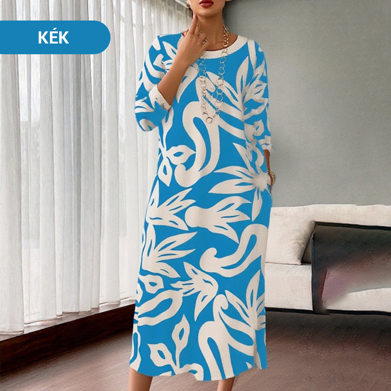 🌼Κομψό, φαρδύ, γυναικείο φόρεμα με στρογγυλή λαιμόκοψη και σχέδια-GR