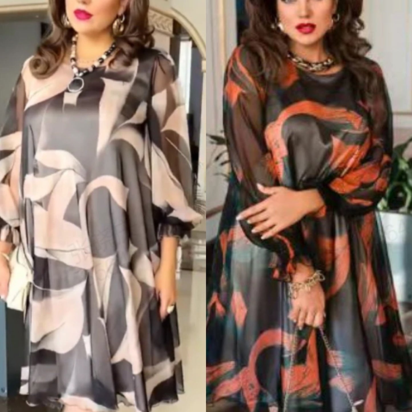 👗Padajoča obleka z okroglim izrezom z dolgimi rokavi in potiskom-SI