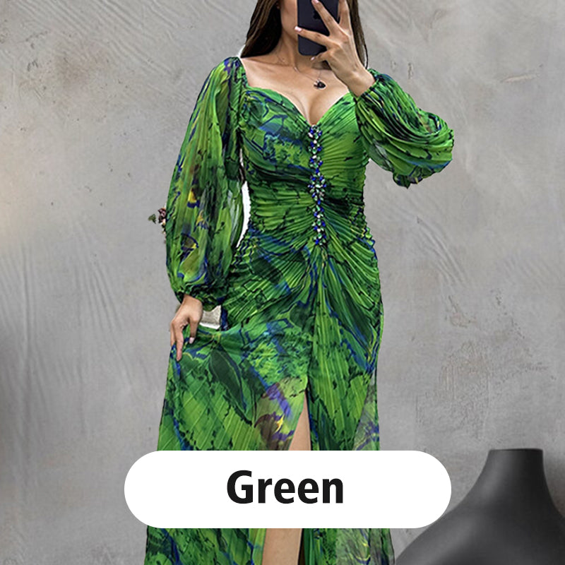 ✨【Lieknėjimo burtininkas】Moteriška suknelė be petnešėlių✨ | Patrauklus dizainas be petnešėlių | Klojuotos detalės | Iškirptas plyšys, patogios ilgos rankovės-LT