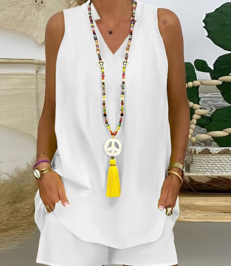 Eleganten dvodelni komplet: kratek rokav z V izrezom + kratke hlače-SI