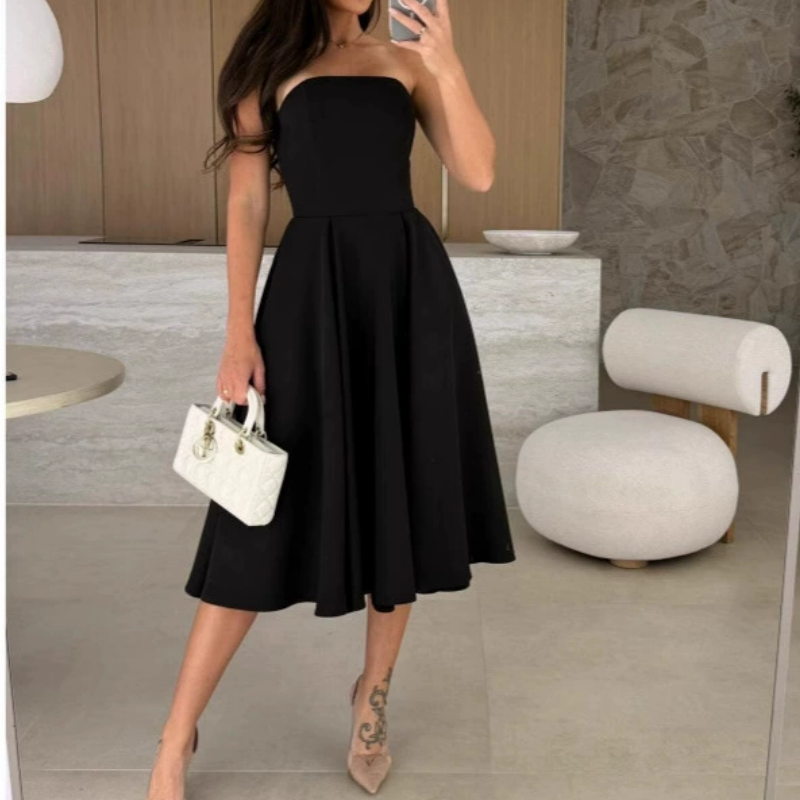 Elegantna, enobarvna midi obleka brez naramnic-SI