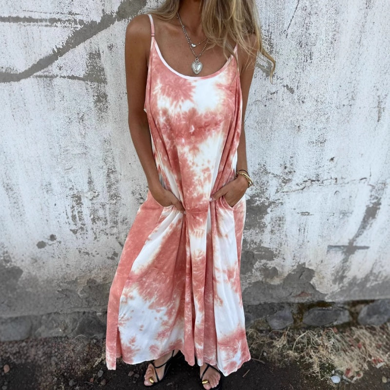 Γυναικείο Φόρεμα Tie Dye με Ντεγκραντέ Στάμπα και Τιράντες-GR