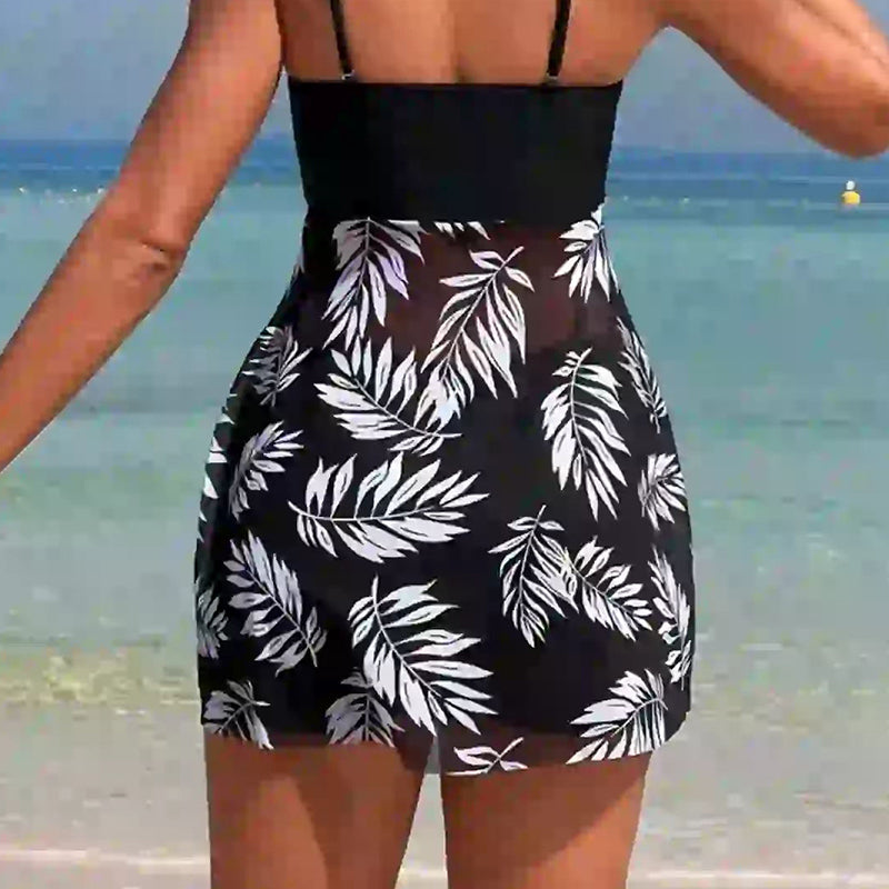 🌴👙Moteriškas dviejų dalių raštuotas maudymosi kostiumėlis su dirželiais šortais-LT