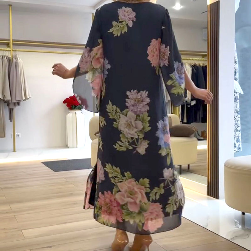 Elegantiška ilga moteriška suknelė su raštu ant kaklo-LT