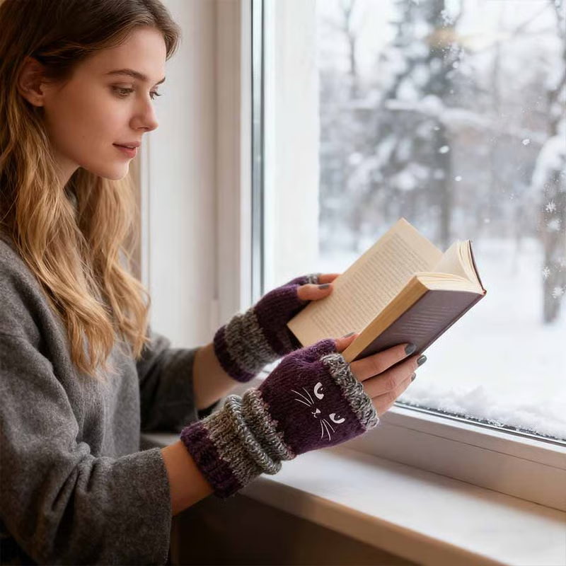 🐱 Prikupne ženske pletene rokavice z mačjim motivom🧤🧶-SI