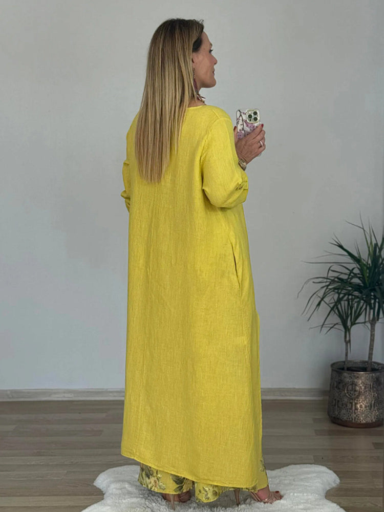 Laisvalaikio stiliaus netaisyklingo viršaus ir plačių kelnių komplektas iš medvilnės ir lino-LT