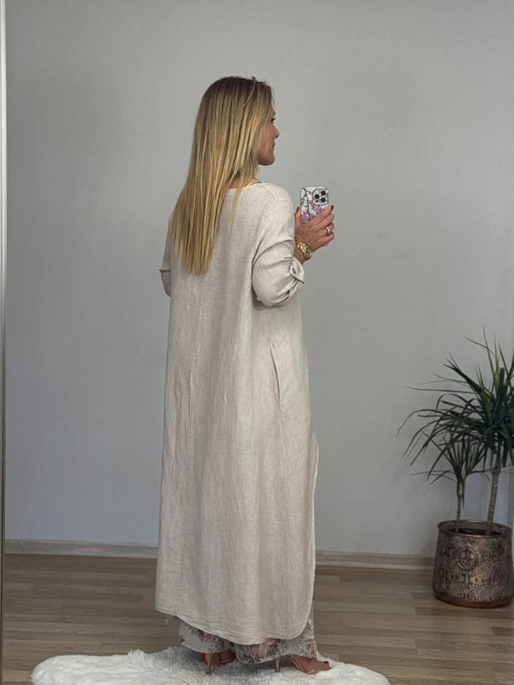 Komplet ležernih hlač z neenakomernim zgornjim delom in širokimi hlačnicami iz bombaža in lana-SI