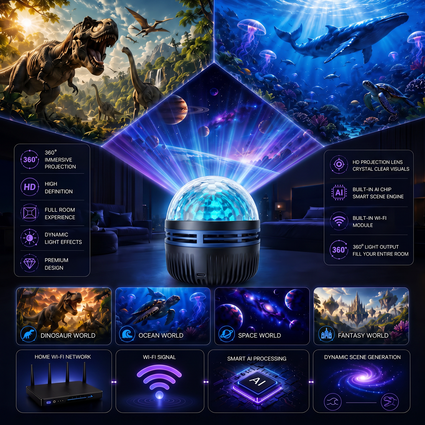 🦖🎁360° pametni holografski projektor zvezdnega neba (HD Smart Dynamic 5D)-SI