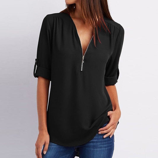 Μπλούζα plus size με μανίκια 3/4 και φερμουάρ-GR