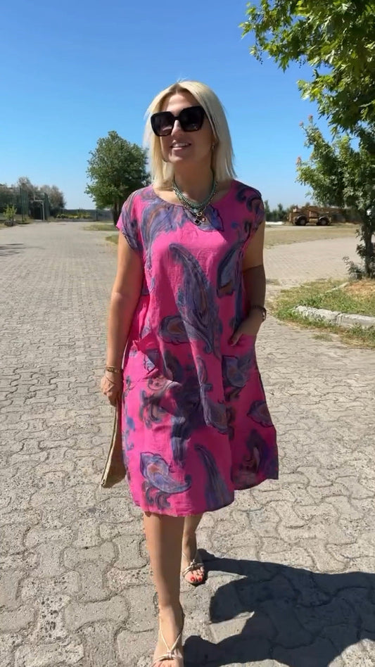 Vestido de algodón y lino con estampado-ES