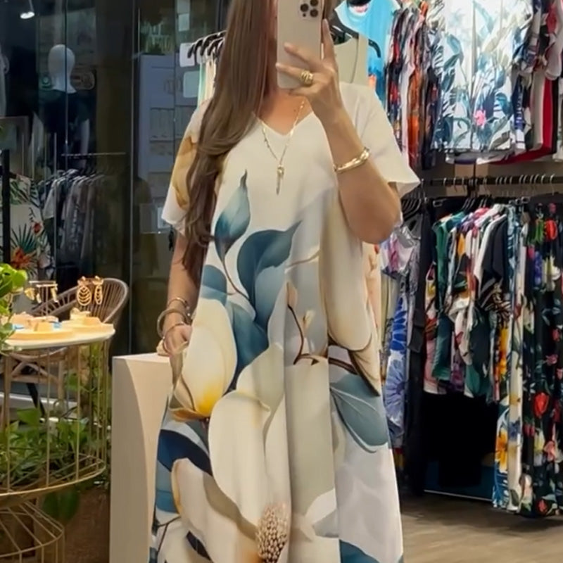 👗 Ženska dolga obleka s potiskom in V-izrezom