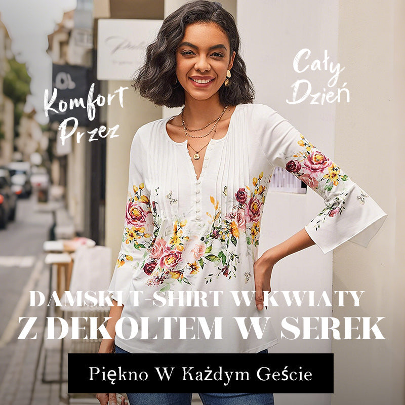 🌺 Moteriški marškinėliai su V formos iškirpte ir raštu✨-LT