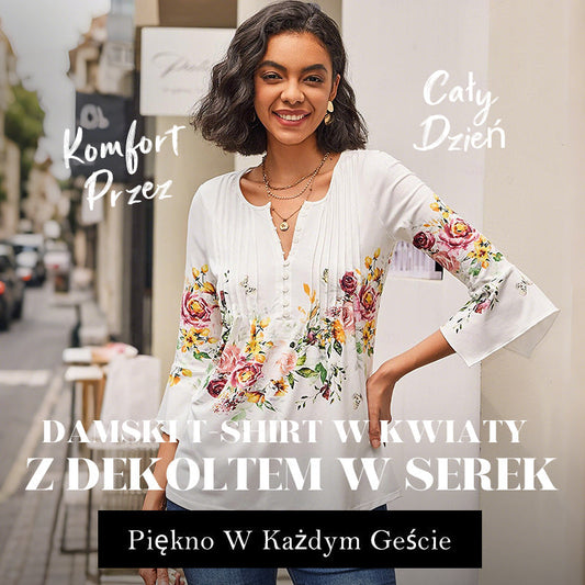 🌺 Moteriški marškinėliai su V formos iškirpte ir raštu✨-LT