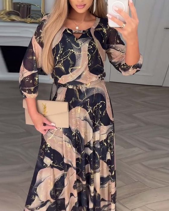 Elegantiška šifono suknelė su raštu ir trijų ketvirčių rankovėmis-LT
