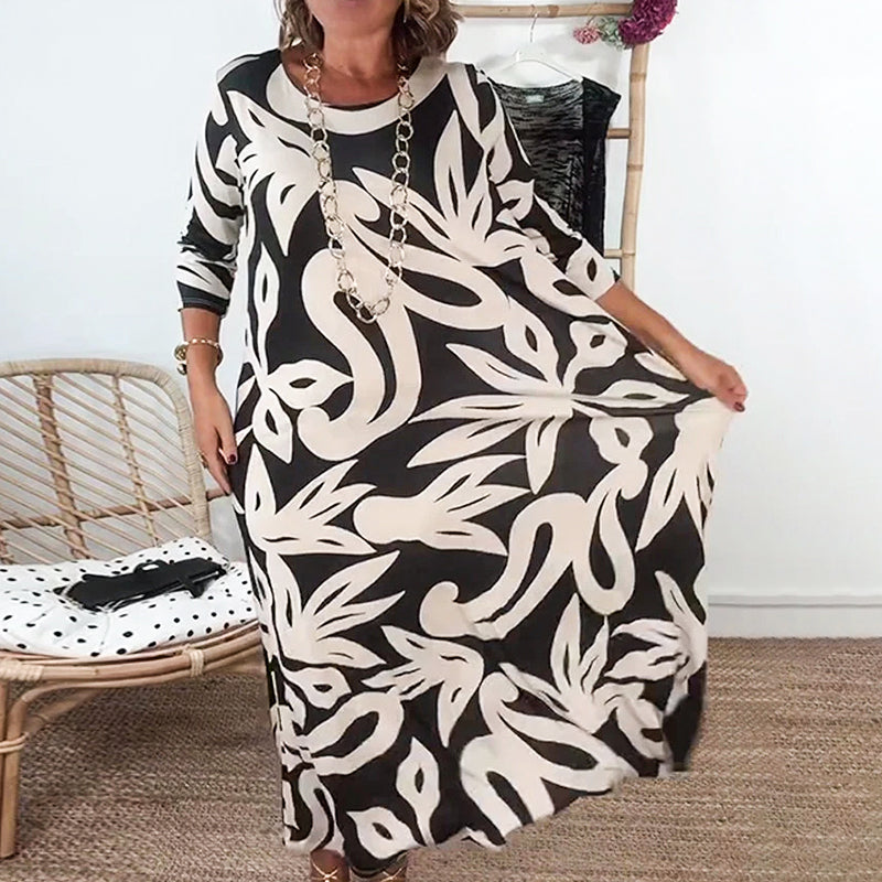 🌼Κομψό, φαρδύ, γυναικείο φόρεμα με στρογγυλή λαιμόκοψη και σχέδια-GR
