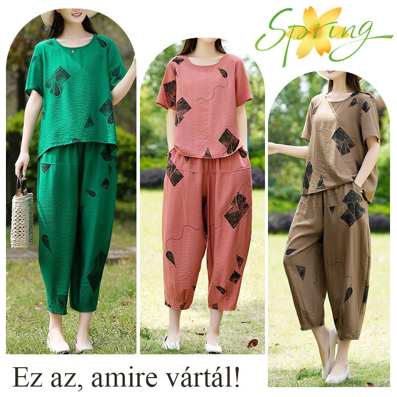 💞 Moteriškas raštuotas trumpų rankovių viršutinis komplektas ir plačios trumpintos kelnės-LT