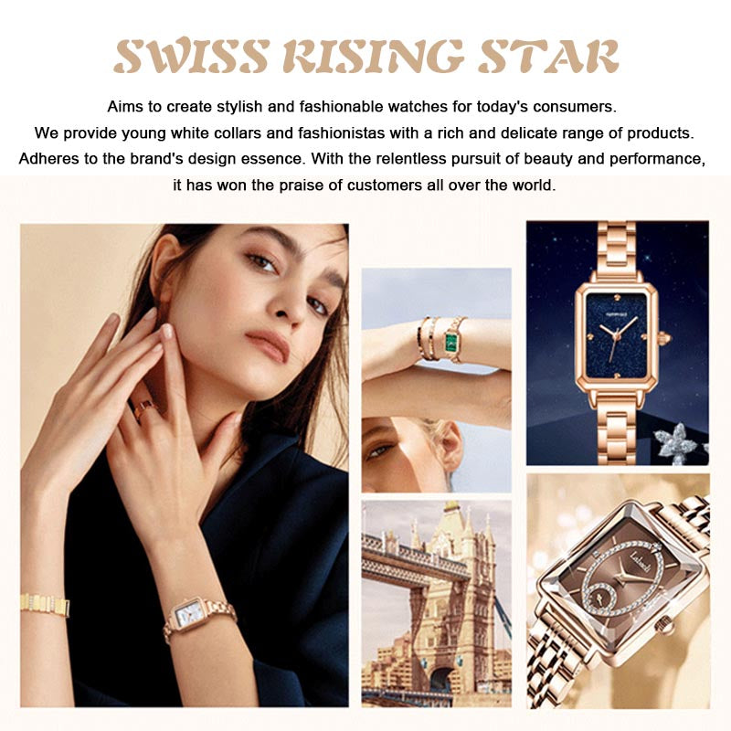 💎Madingas kvadratinis moteriškas laikrodis iš rožinio aukso su deimantais-LT