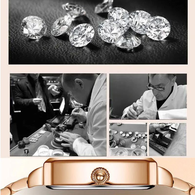 💎Madingas kvadratinis moteriškas laikrodis iš rožinio aukso su deimantais-LT