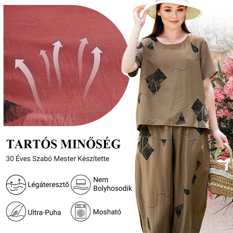 💞 Γυναικείο σετ με κοντομάνικο τοπ με σχέδιο και κοντό παντελόνι με φαρδιά μπατζάκια-GR