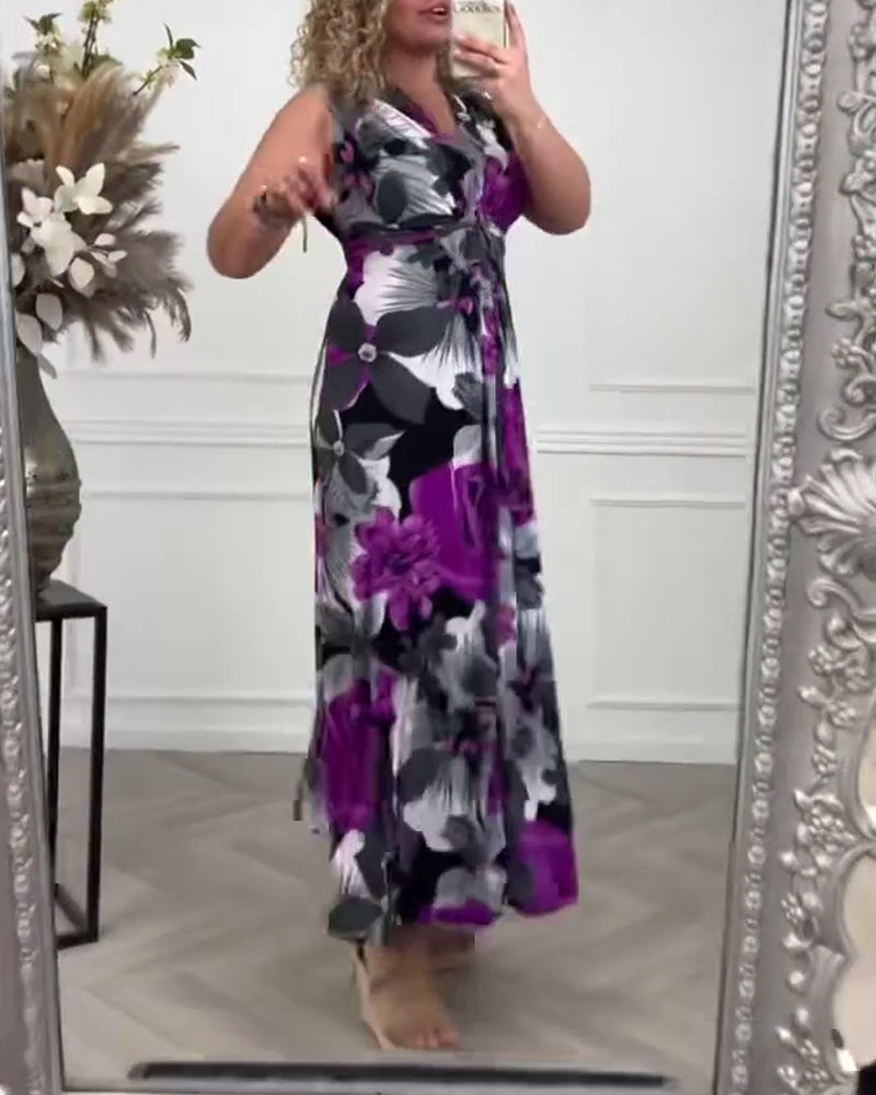 💗Elegantiška klostuota suknelė be rankovių su gėlių raštu 