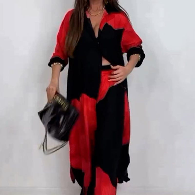 🌼Ilgi marškiniai su susuktomis sagomis ir raišteliu kelnių komplektas-LT