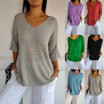 🔥Naujo stiliaus 2025 m.🥰 Vienspalvis megztas viršus su V formos iškirpte-LT