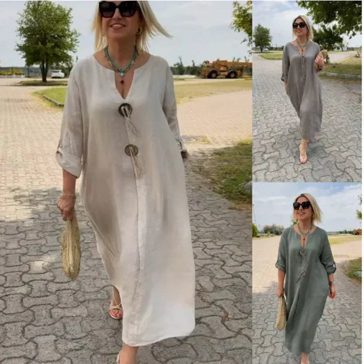 🎁👗Medvilnės ir lino suknelė V formos iškirpte-LT