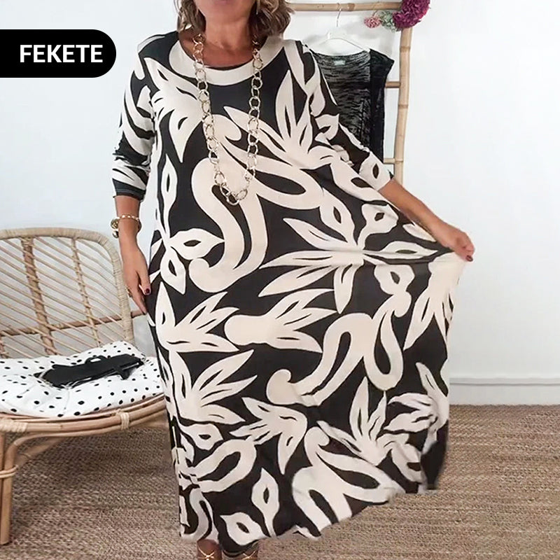 🌼Elegantiška, laisva, apvaliu kaklu, raštuota moteriška suknelė-LT