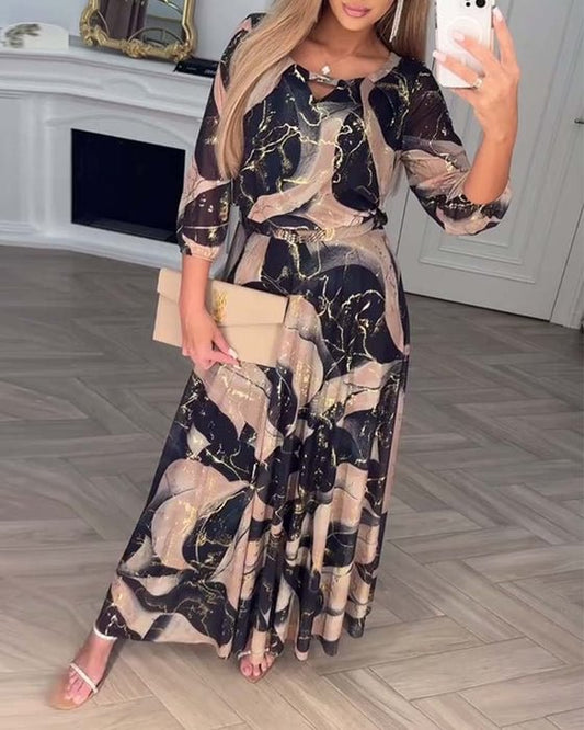 Elegantiška šifono suknelė su raštu ir trijų ketvirčių rankovėmis-LT