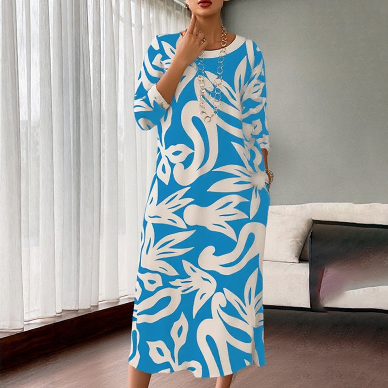 🌼Elegantiška, laisva, apvaliu kaklu, raštuota moteriška suknelė-LT