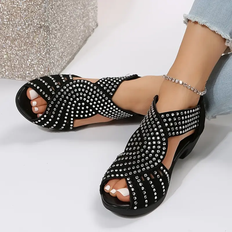 【36-43】🔥2025 Hot Sale💎 Κρυστάλλινα γυναικεία δερμάτινα σανδάλια για την άνοιξη και το καλοκαίρι με σταυρό σε στιβαρό τακούνι-GR