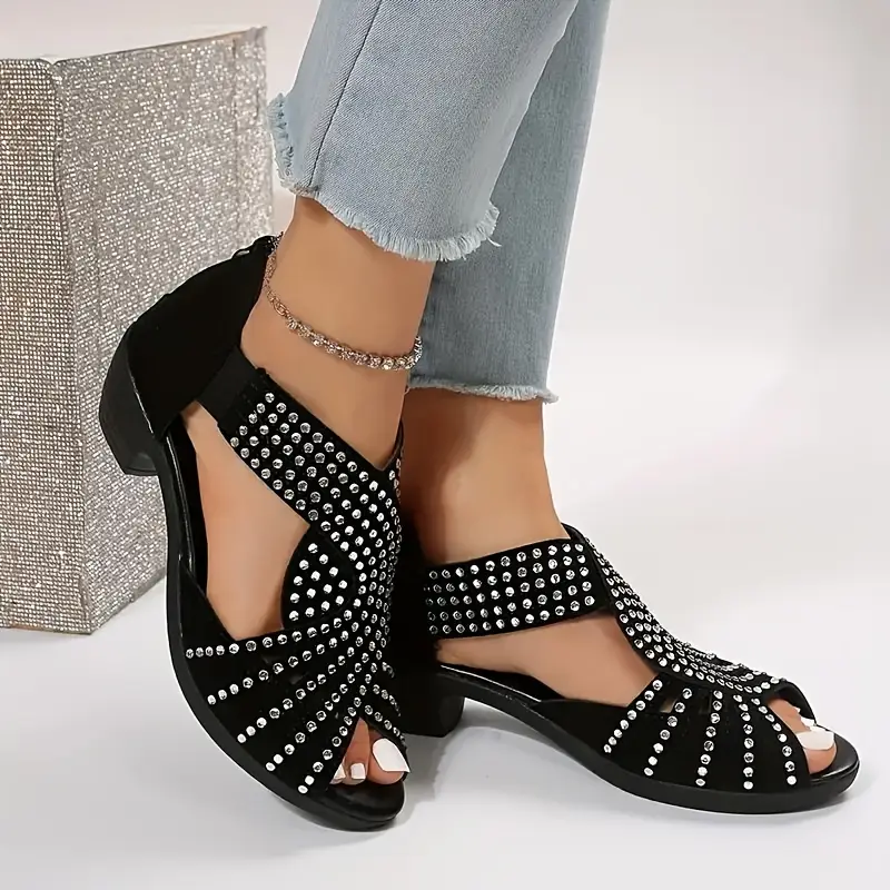 【36-43】🔥2025 Hot Sale💎 Κρυστάλλινα γυναικεία δερμάτινα σανδάλια για την άνοιξη και το καλοκαίρι με σταυρό σε στιβαρό τακούνι-GR