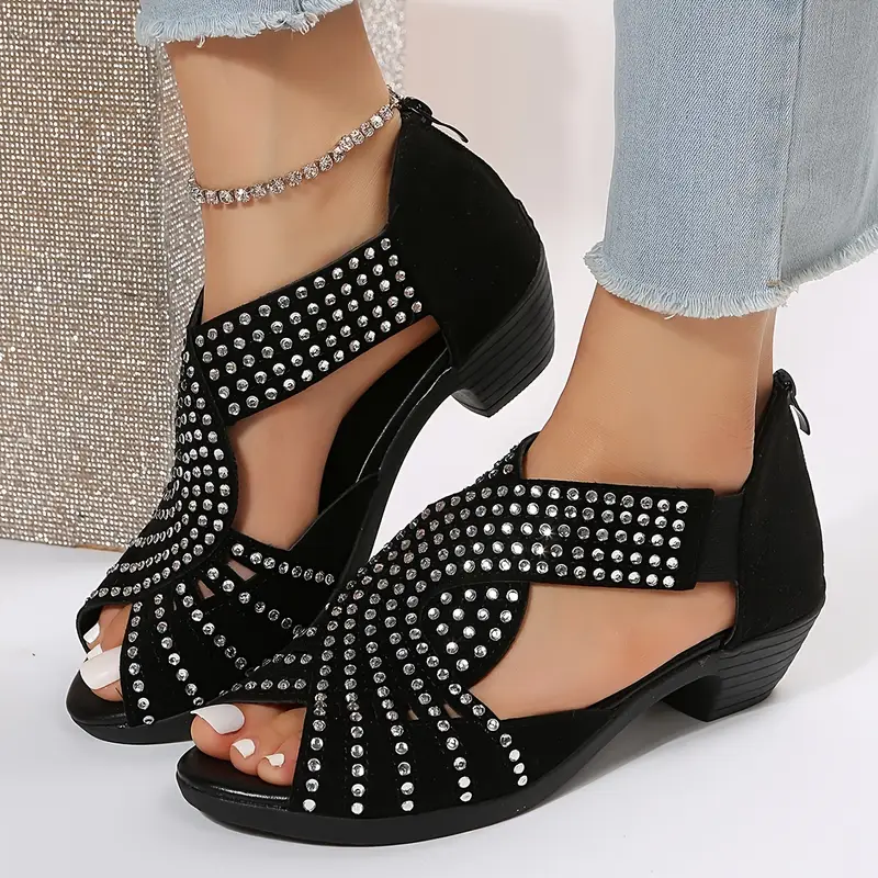 【36-43】🔥2025 Hot Sale💎 Κρυστάλλινα γυναικεία δερμάτινα σανδάλια για την άνοιξη και το καλοκαίρι με σταυρό σε στιβαρό τακούνι-GR