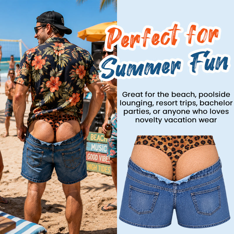 Smešne kopalke iz umetnega kavbojskega materiala z leopardjim potiskom | Plažne hlače Novelty Illusion-SI