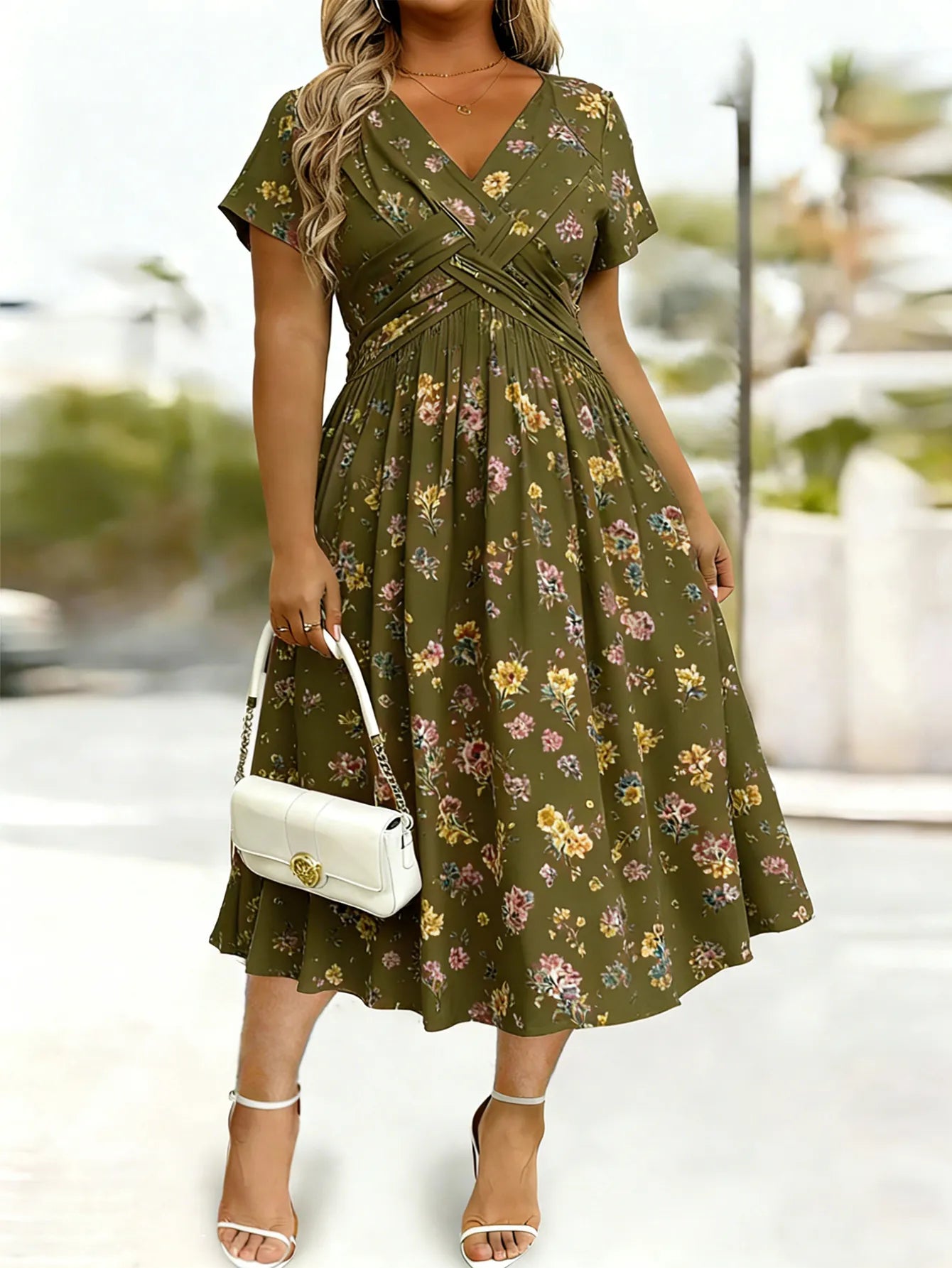 Ženska cvetlična obleka z V-izrezom in oprijetim pasom-SI