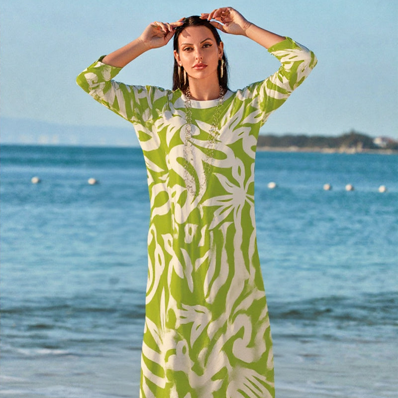 🌼Κομψό, φαρδύ, γυναικείο φόρεμα με στρογγυλή λαιμόκοψη και σχέδια-GR