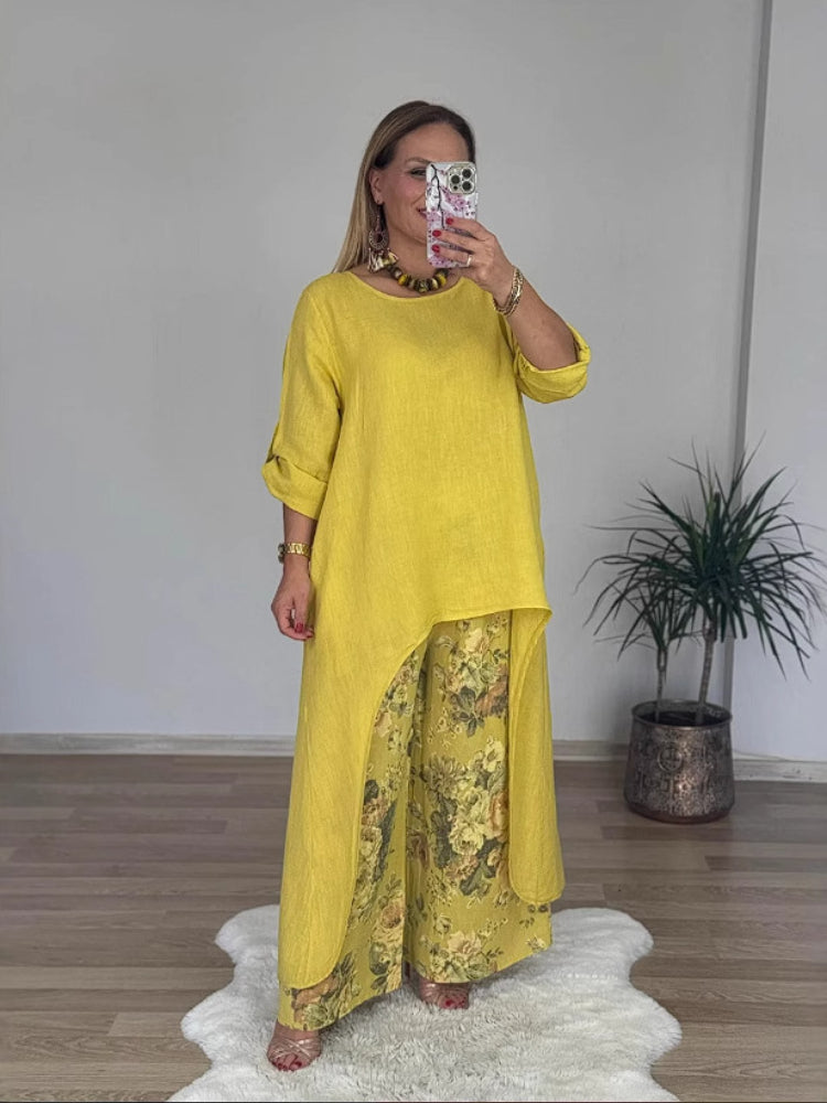 Komplet ležernih hlač z neenakomernim zgornjim delom in širokimi hlačnicami iz bombaža in lana-SI