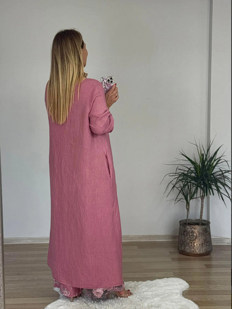 Komplet ležernih hlač z neenakomernim zgornjim delom in širokimi hlačnicami iz bombaža in lana-SI