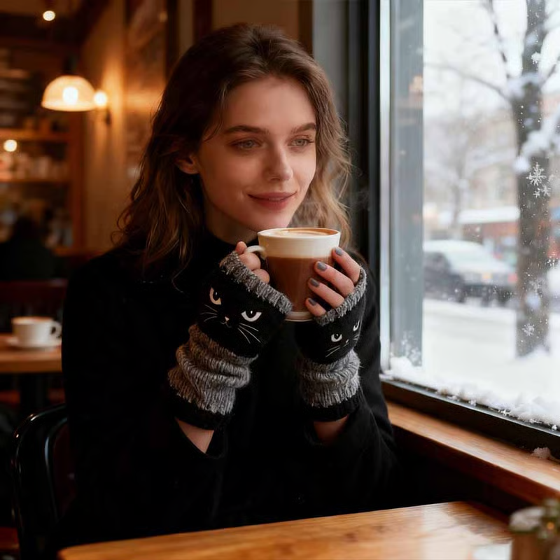 🐱 Prikupne ženske pletene rokavice z mačjim motivom🧤🧶-SI