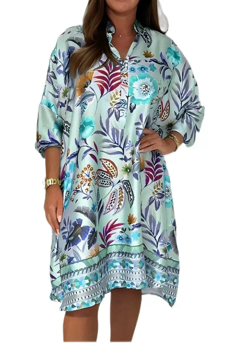 🌺Ohlapna cvetlična obleka z V-izrezom na gumbe-SI