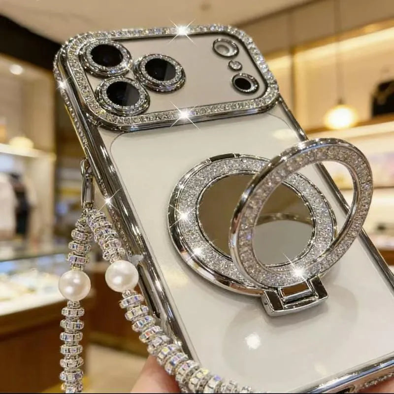 ✨💎Ženski ovitek za telefon z bleščečimi diamanti, ogledalom in stojalom za iPhone 12/13/14/15/16/17 Pro Max, 17Air, 14/15/16 Plus💖-SI