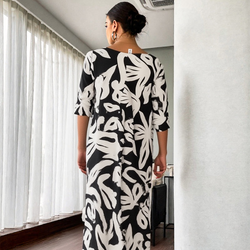 🌼Κομψό, φαρδύ, γυναικείο φόρεμα με στρογγυλή λαιμόκοψη και σχέδια-GR