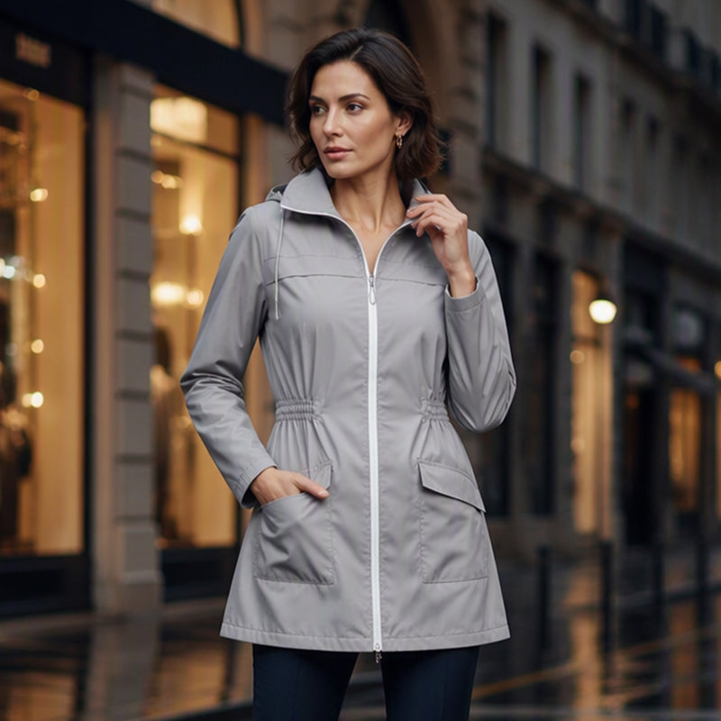 🌧️✨ Ženska vodoodporna vetrovka s kapuco - nastavljiv pas, praktični žepi in elegantna dežna jakna-SI
