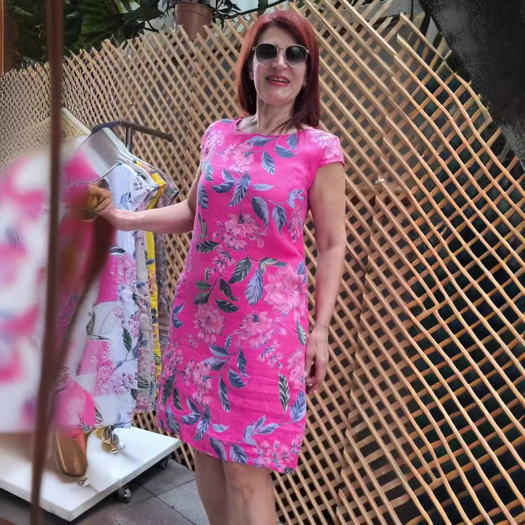 👗 Φόρεμα με στάμπα, φαρδιά μανίκια και στρογγυλή λαιμόκοψη